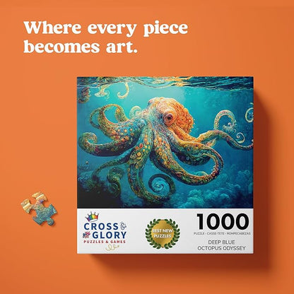 Cross & Glory Jigsaw Puzzles 1000 Pieces - Deep Blue Octopus Odyssey - 1000 Piece Puzzle for Adults | Best New Marine Artwork Ocean Puzzles | Unique Brain Teaser Octopus Puzzle