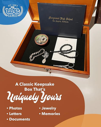 WE Games Wooden Memory Box for Keepsakes – Vintage Decorative Storage Box with Lid - Redwood Finish with Logo Print