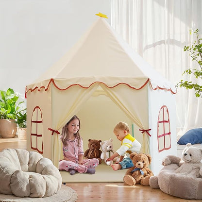 Large Girls Play Tent Princess, Boys Castle Kids Playhouse Indoor Outdoor Toddler Teepee | American Style Design, Age 3-8| Detailed Instructions| Colorful Package| Christmas Birthday Gift Beige