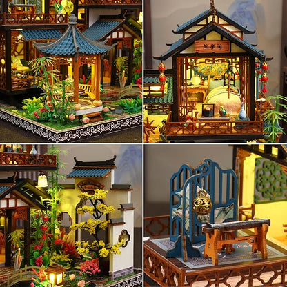 DIY Miniature House Kit: Villa Tiny House Kit with LED Light - DIY Wooden Dollhouse Miniature Kit for Adults Teen, Wooden Crafts Vintage Courtyard Doll House Kit, Great Handmade Crafts Gift