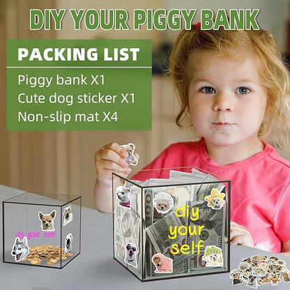 Clear Piggy Bank for Adults/Kids, Acrylic Unopenable Money Box for Cash Coin Saving, Must Break to Open, Money Saving Jar for Adults Boys Girls, Size 5.9''