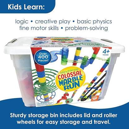MindWare Colossal Elevator Marble Run – 400-Piece Marble Maze Building Toys Set with Unique Marble Track Pieces, 150 Tubes, 9 Funnels, 50 Marbles and More with Wheeled Storage Bin
