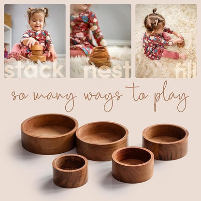 Wooden Stacking Bowls – Montessori Nesting Toy for Sensory Play & Fine Motor Skills, Natural Acacia Wood