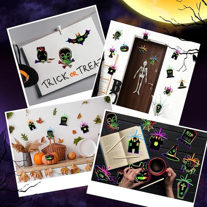Qilery 120 Pcs Fall Halloween Scratch Paper Off Cards Magic Pumpkins Scratch Off Paper Craft Art Activities Rainbow Black Fun for Thanksgiving Party Ornaments DIY Education Game(Spooky Style)