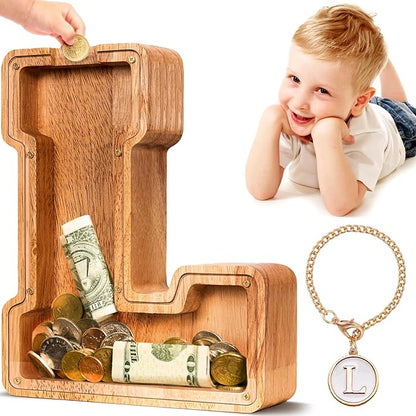 SummiDate Wooden Letter Piggy Bank| Piggy Bank for Boys Girls Toddler| Alphabet L Money Bank| Coin Bank Birthday Gift for Kids|Birthday Easter Gifts for Kids (L)