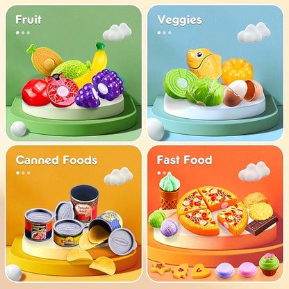 Play Food Sets for Kids Kitchen,66PCS Play Kitchen Accessories,Cutting Toy Food Kids Kitchen Accessories with Pizza,Fruits & Storage Bag,Educational Toys Gift for Boys Girls 3 Year Old