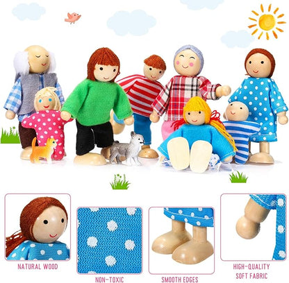 Skylety 10 Pcs Wooden Dollhouse Set of Mini People Figures Dollhouse Dolls Wooden Doll Play Figures Accessories(Pretty Style)