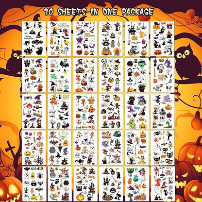 380+ PCS Halloween Temporary Tattoos for Kids, 30 Sheets Creative Design Halloween Tattoos for kids Halloween Party Decorations, Pumpkin Tattoo Stickers Halloween Gifts for kids for Halloween Makeup