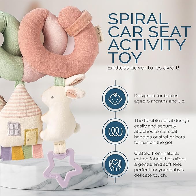 Itzy Ritzy Spiral Car Seat & Stroller Activity Toy - Stroller & Car Seat Toys for Ages 0 Months and Up - Hanging Toys Include Dangling Ring, Mirror and Textured Ribbons (Pastel Rainbow)