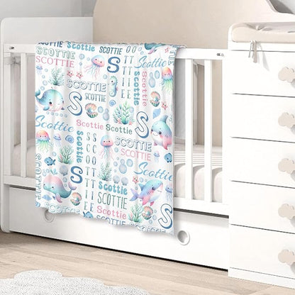 Personalized Baby Blanket for Girls Boys Kids Oceans Shark Custom Baby Blanket with Name Throw Birthday Gift for Toddlers Infants Shower Newborns Nursery Stroller Crib Bed Decor