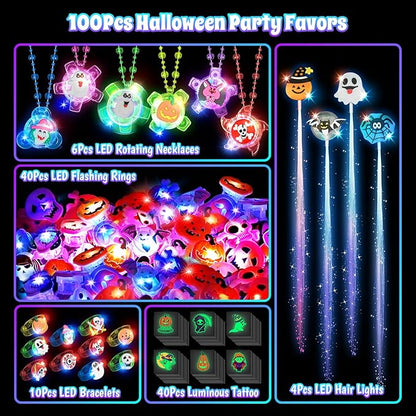 SpringFlower 100Pcs Halloween Party Favors Bulk, Glow in the Dark Party Supplies Halloween Decorations for Kids, Halloween-Themed Toys for Trick or Treat Goodie Bag Stuffers Fillers Prizes Gifts