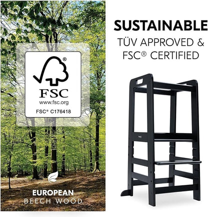 Hauck Learn N Explore Montessori Toddler Tower, Adjustable Wooden Kitchen & Bathroom Step Stool Helper for Home Use with Kids Ages 1+, Black