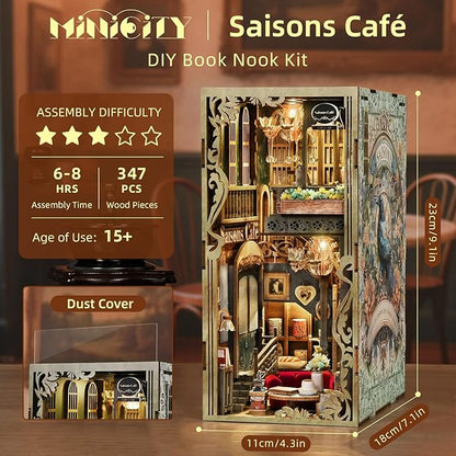 Book Nook Kit, DIY Miniature Dollhouse Book Nook Kit with Dust Cover and LED Light for Teens and Adults (Saisons Café)