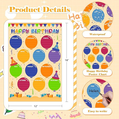 FLYAB Birthday Poster for Classroom - Balloons Chart for Back to School Laminated Kids Calendar for Bulletin Board Decorations Teacher Supplies