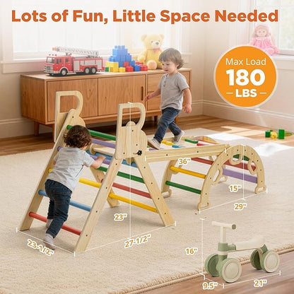 HEIGHT 9-in-1 Pikler Triangle Climber Set with Balance Car & Play Mat – Foldable Wooden Montessori Baby Climbing Toys with Slide, Arch & Ramp, Indoor Jungle Gym for Toddlers