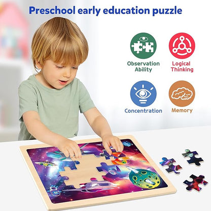 SYNARRY Large Space Planets Solar System Wooden Puzzles for Kids Gift Box(12.2*9.4 in) - FSC Certified, Puzzles for Toddlers 3-5, Puzzles for Kids Ages 4-6, Wood Toys Gifts for 3 4 5 Year Old Boy Girl