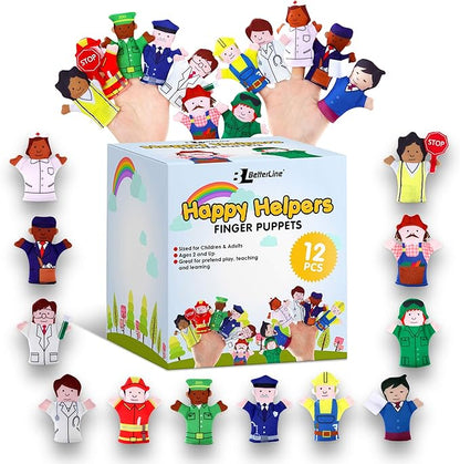 Happy Helpers Finger Puppets 12-Piece Set - Teach and Learn with a Variety of Neighborhood People Characters - Free Bonus E-Book - for Families, Children, Kindergarten, Play and ESL