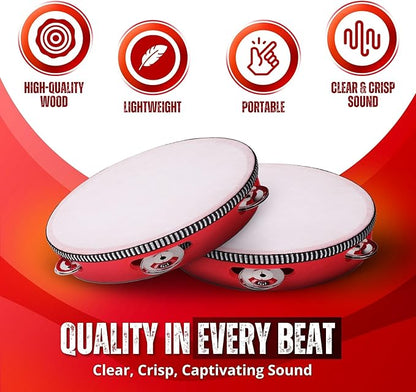 Flexzion Wooden Round Tambourine for Kids and Adults 8" Inch Single Row 8 Pair Jingles, Red Handheld Percussion Instrument for Beginner and Professional Tambourine Player