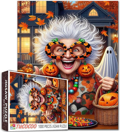 Excited Grandma with Pumpkin Glasses 1000 Piece Jigsaw Puzzle for Adults Students 20×27 Inches Funny Halloween with Candy Ghosts Fall Leaves and Colorful Decor Festive Autumn Puzzle