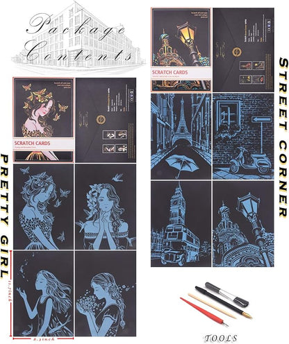 Rainbow Scratch Painting Paper By BOTEEN, City Series Night Scene,Scratch Painting Creative Gift,Scratchboard for Adult and Kids,with 4 Tools,Size:11.7''x8.3''（8pack）