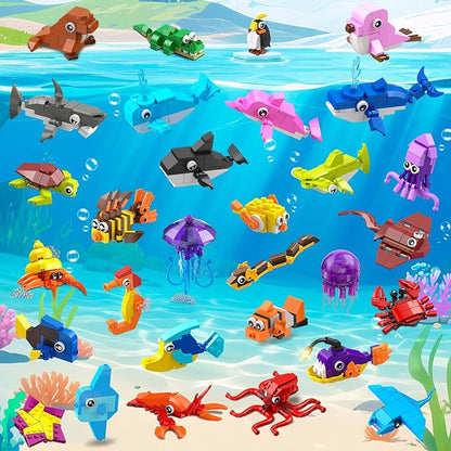 HOGOKIDS 30 Pack Animals Party Favors for Kids, 824PCS Mini Marine Animal Building Block Sets for Goodie Bags Filler Classroom Prizes, Easter Basket Stocking Stuffer Birthday for Boys Girls 6+