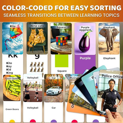 QUOKKA 260 Flash Cards for Kids Ages 3-5 with Realistic Images – Pre K Flash Cards Age 4-5 for Toddlers & Preschool, Alphabet, Numbers, Shapes, etc with 30 Learning Activities Color-Coded for Sorting