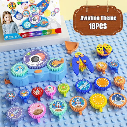 STEM Gears Toys for Kids Ages 3+, Creative Learning Building Blocks, 18Pcs Educational Construction Toy Set, Electric & Manual Dual Mode, Versatile Gear Playset Gift for Boys & Girls