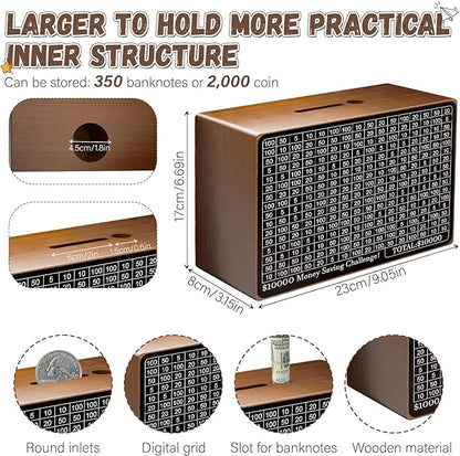 Wooden Money Saving Box, Cash Savings Box for $10000 $5000 $3000 $1000 $800 $500 Target Money Saving Challenge, Money Box with Counter/Dry Erase Pen/Savings Trackers/Rubber Band-Brown