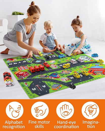 Coogam Alphabet Maze, 26pcs Pull Back Car with Play Mat Preschool Letter Matching Game for 3 4 5 Years Old, Montessori Educational Fine Motor Gift Toy for Toddler Kids