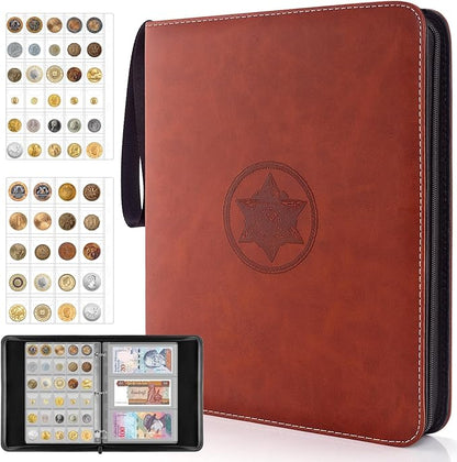 Coin Collection Book Holder for Collectors - 400 Coins Pockets+15 Bills Pockets, Coin Collection Organizer Storage Box Case Album for 20/25/ 27/30/ 38mm Coin