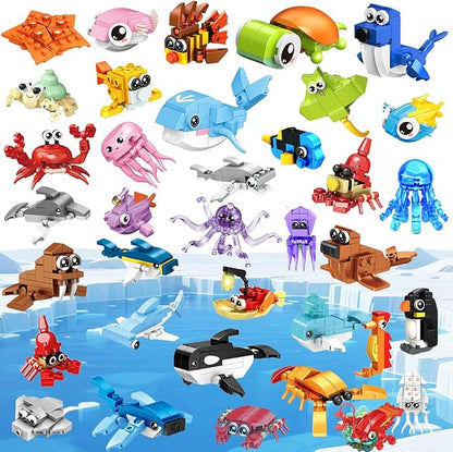 36 Pack Party Favors for Kids，Mini Ocean Animals Building Blocks Set ，Prize Box Toys for Kids Classroom, Easter Birthday Christmas Goodie Bag Fillers, Creative STEM Building Toys for Ages 6-12