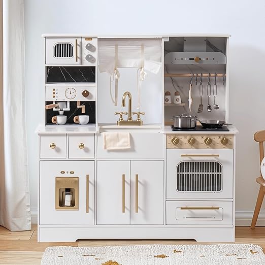 ROBOTIME Pretend Play Kitchen for Kids, Wooden Toy Kitchen with Ice Maker, Coffee Machine, Oven & Accessories – Fun Kitchen Set for Girls & Boys Age 3+