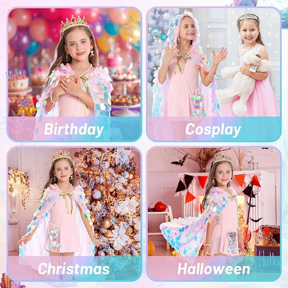Princess Dress Up Cloak Princess Dress Up Clothes Mermaid Toys Rainbow Mermaid Princess Cloak Kit 9 Pcs Gift Set for Little Girls 3-8 Years Old, Great Gift Set for Birthday Christmas Halloween