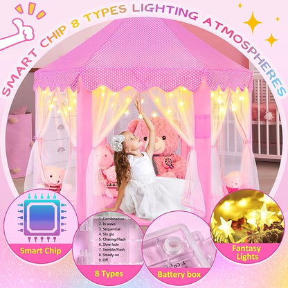 EVOIONOS Princess Tent for Girls, Kids Play Tent with LED Star Lights, Castle Playhouse for Children Indoor Outdoor Games, 55X53 inches, Pink