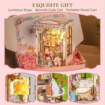 MOMIBOOK Book Nook Kit 153 Pcs DIY Miniature Dollhouse Kit for Adults, 3D Wooden Puzzle Mini Booknook Bookend Bookshelf Decor, Tiny House Model, Party Christmas Birthday Gifts, Flower Shop Cabin