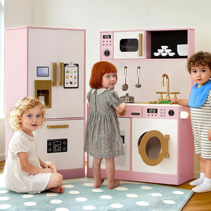 Kinder King Wooden Kids Play Kitchen, Toy Kitchen Playset for Toddler, Play Kitchen Set w/Transparent Coloring Board, Pretend Fridge, Washing Machine, Ice Maker, Gift for Boys Girls Age 3+, Pink