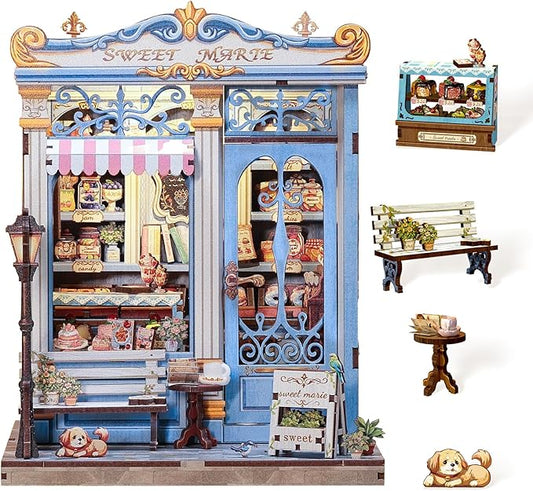 Cutefun Book Nook Kit - DIY Miniature House Kit for Adults and Teens, 3D Wooden Puzzle Mini House Building Kit with LED, Dollhouse Kit Bookshelf Insert Decor Creative Gifts (Sweet Marie)