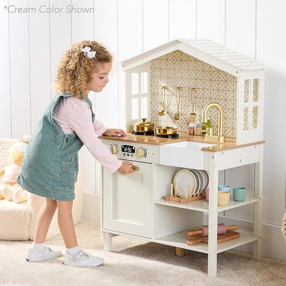 Best Choice Products Pretend Play Wooden Farmhouse Kitchen Set for Kids w/Toy Storage, Clicking Knobs, Windows, 5 Accessories Included - Sage