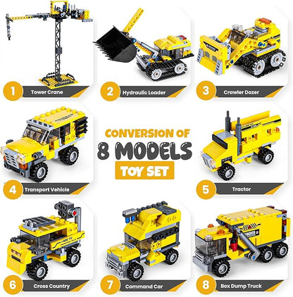 8 in 1 Excavator Toy Building Blocks Kit with Tower Crane, Tractor, Crawler Dozer, Box Dump Truck, Cross Country Vehicle, Command Car, Transport Vehicle – Construction Toys Set for Boys & Girls