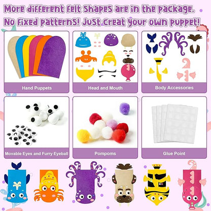 WATINC 6Pcs Hand Puppet Making Kit, Art Craft Felt Sock Puppet Toys, Creative DIY Make Your Own Pompoms Wiggle Googly Eyes Storytelling Role Play Party Supplies Gift for Girls Boys (Ocean Animals B)