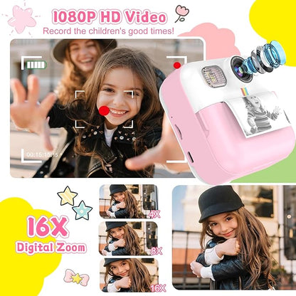 Kids Camera for Girls, 1080P Instant Print Camera, Kids Christmas Birthday Gifts Girls Toys, Children Digital Camera with 32GB Card, Toddler Camera Portable Toys for 3 4 5 6 7 8 9 Year Old Girl Pink