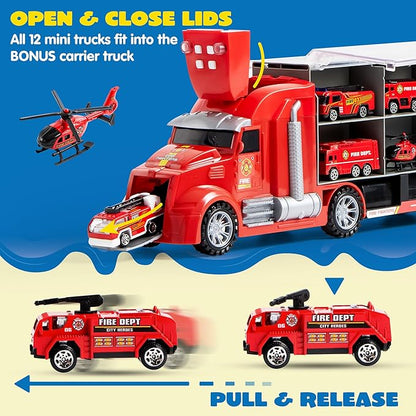 JOYIN 25 in 1 Fire Truck Vehicle Toy Set with Sounds and Lights, Fire Engine Vehicles in Carrier Truck, Mini Rescue Emergency Car Toy, Christmas Birthday Gifts for Over 3 Years Old Boys