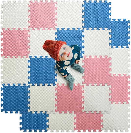 Foam Floor Mats for Kids, 12 x 12 Inch 16 Tiles 0.4" Thickness Foam Play Mat, Non-Toxic Square Interlocking Floor Mats Rubber Baby Play Mat for Toddlers(White/Gray Blue/Lori Pink)