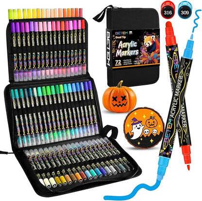 Betem Acrylic Paint Markers Pens, Dual Tip 72 Colors Premium Paint Pens Acrylic Markers for Wood, Fabric, Canvas, Stone, Rock Painting, Glass, Ceramic Surfaces, DIY Crafts Making Art Supplies with Bag