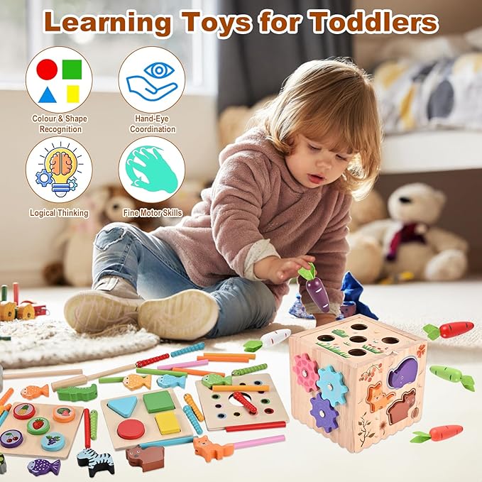 Wooderma Activity Cube, 10-in-1 Wooden Montessori Toys for Toddlers,Multipurpose Educational Sensory Toy for Baby, Preschool Learning Fine Motor Skills Game, First Birthday Gifts for 3 4 5 Year Old