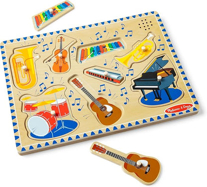 Melissa & Doug Musical Instruments Sound Puzzle - Wooden Peg Puzzle with Light-Activated Sound Effects (8 pcs) Wooden Peg Baby Music Learning Toys, for Toddlers and Preschoolers Ages 2+