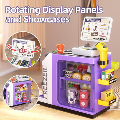 48-Piece Pretend Play Cash Register Toy Set for Kids with Water Outlet Function - Calculator, Shopping Bag, Scanners, Coffee Machine, Play Food - Gift for Boys and Girls Ages 3+ (Purple)