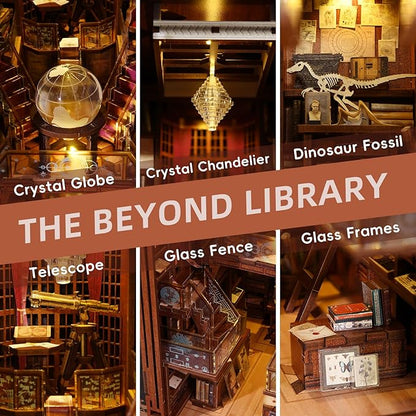 DIY Book Nook Kit, DIY Miniature Dollhouse Booknook Kit, 3D Wooden Puzzle Bookend Bookshelf Insert Decor with LED Light for Teens and Adults (Beyond Library)