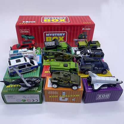 Oriate Diecast Toy Cars Set for 3 4 5 6 7 8 Year Old Boys, 12 Pack Mini Metal Cars 1/64, 12 Theme in one Set Blind Box Edition- Include Farm, Space Ship, Truck for Children Birthday Party Decor Gifts