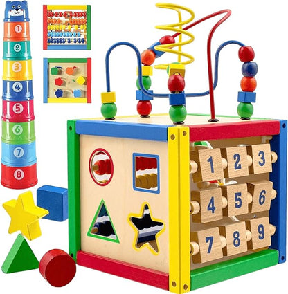 Wooden Activity Play Cube 6 in-1 for Baby with Removable Bead Maze, Shape Sorter, Abacus Counting Beads & Numbers, Sliding Shapes, 8Pcs Stacking Cups – Play22